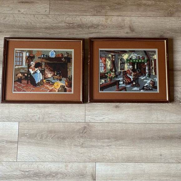 Vintage needlepoint cross stitch wall art cottage fireplace scenes - Picture 2 of 9
